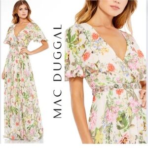 NWT Mac Duggal Floral Print Faux Wrap Flutter Sleeve A Line Gown Floral Size:12